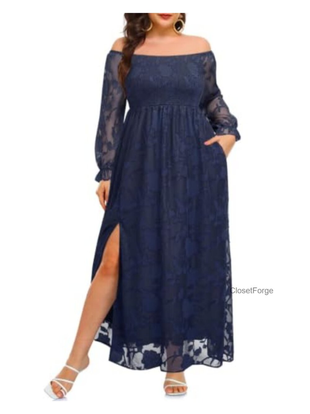 Plus Size Maxi Dress Off Shoulder Smocked Floral Boho Long Sleeve